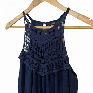 Dex Boho Crochet Mini Dress XS Navy Blue Defined Waist Sleeveless Blouson Short